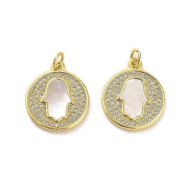 

PandaHall Brass Micro Pave Clear Cubic Zirconia Pendants, with Shell, Jump Rings, Real 18K Gold Plated, Hamsa Hand, 19.5x17x3mm, Hole: 3.5mm...
