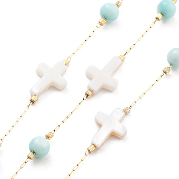 

PandaHall Handmade Round & Cross Natural Shell Beaded Chains, with Natural Ion Plating(IP) 304 Stainless Steel Paperclip Chains, Unwelded...