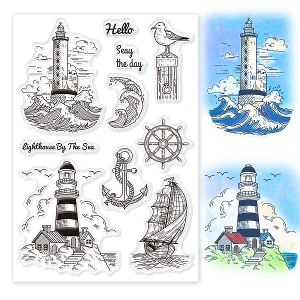 

PandaHall GLOBLELAND Ocean Lighthouse Clear Stamps Sailboat Seagull Silicone Clear Stamps with Anchor Compass Voyage Sailing Stamps for Card...