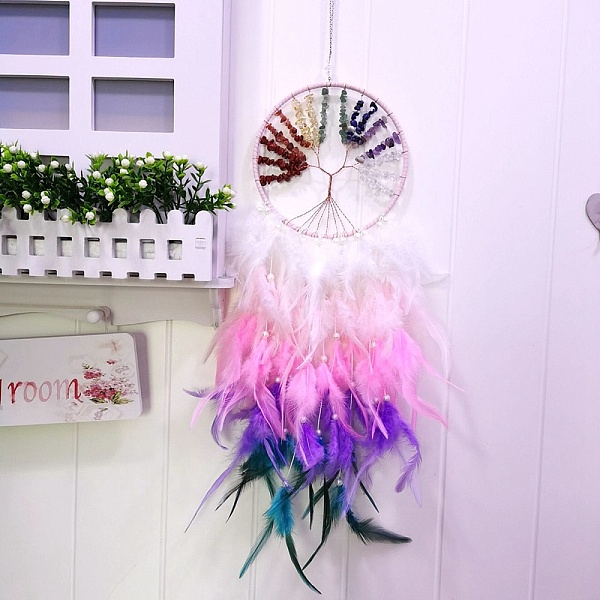 

PandaHall Woven Net/Web with Feather Art Pendant Decorations, with Natural Gemstone Chip, Plastic Bead, Colorful, 650mm Feather