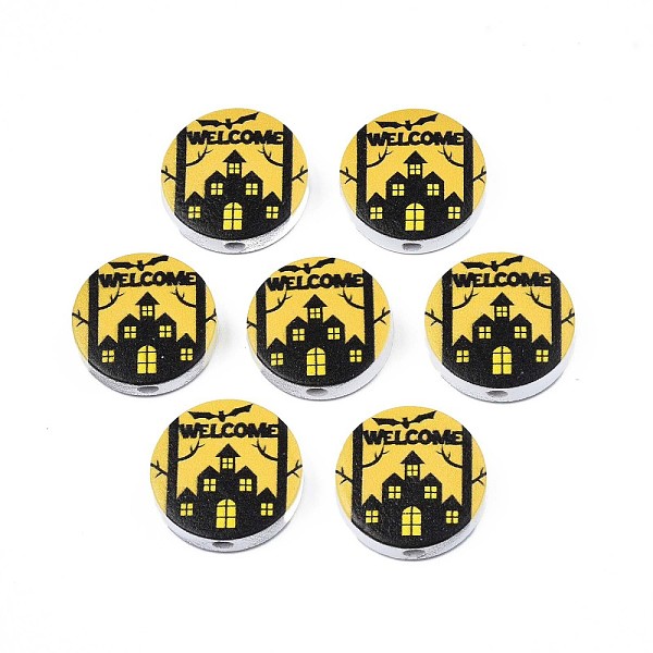 

PandaHall Halloween Printed Natural Wood Beads, Flat Round with Word Welcome & Castle Pattern, Light Khaki, 19~20x5.9mm, Hole: 2~2.2mm...