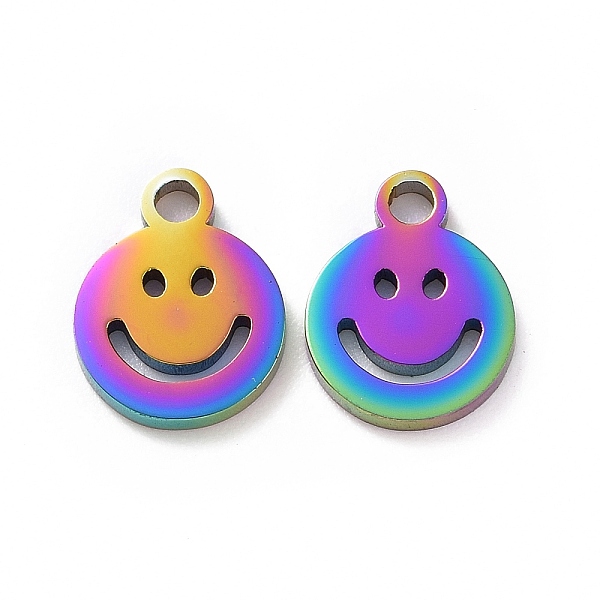 

PandaHall Vacuum Plating 304 Stainless Steel Charms, Cut-Out, Manual Polishing, Hollow, Flat Round with Smile, Rainbow Color, 8x6x1mm, Hole...