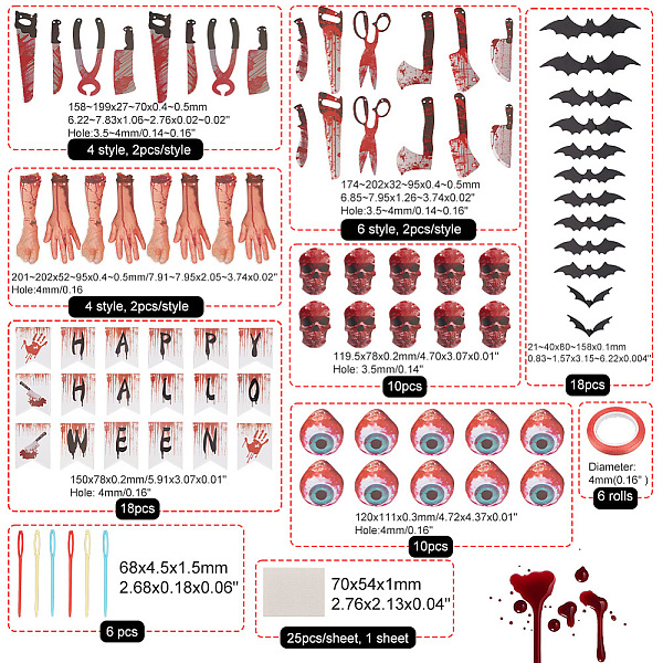 

PandaHall AHANDMAKER Happy Halloween Banner, Halloween Bloody Garland Banner, Halloween Knife Prop, Blood Knife Hanging Broken Body Parts..., Multicolor