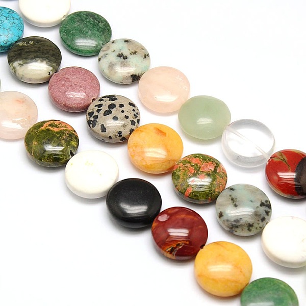 

PandaHall Natural & Synthetic Gemstone Beads Strands, Flat Round, 20x7~9mm, Hole: 1mm, about 20pcs/strand, 15.74 inch Mixed Stone Flat Round
