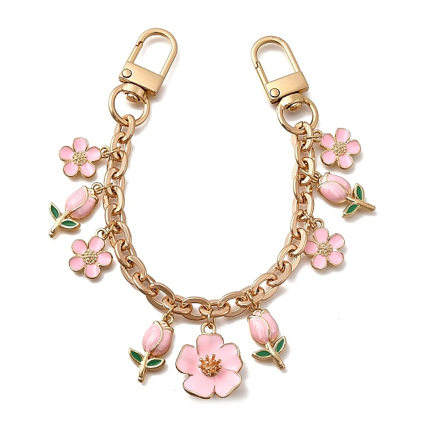 Chaîne de sac décorative en alliage de zinc avec breloque en forme de fleur rose en alliage émaillé