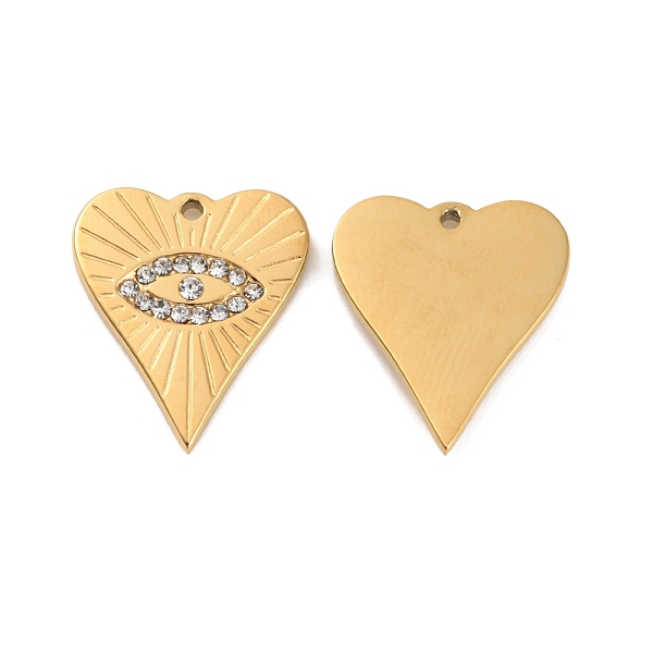

PandaHall Ion Plating(IP) 304 Stainless Steel Pendants, with Rhinestone, Real 18K Gold Plated, Heart with Eye Charm, Crystal, 17.5x15x2mm..., Clear