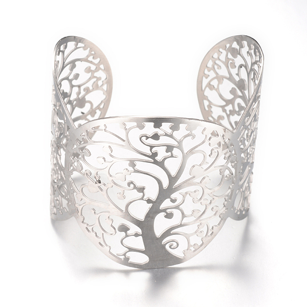 

PandaHall 304 Stainless Steel Filigree Cuff Bangles, Wide Band Bangles, Stainless Steel Color, 2-3/8 inch(60mm) 304 Stainless Steel