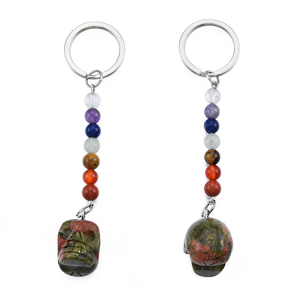 

PandaHall Natural Unakite Skull Pendant Keychain, Rainbow 7 Chakra Gemstone Beaded Yoga Keychain, for Women's Girls Healing Meditation...
