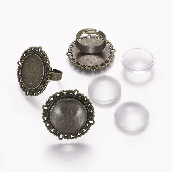 

PandaHall DIY Ring Making, Vintage Adjustable Iron Ring Components, with Clear Glass Cabochons, Flat Round, Antique Bronze, Tray: 20mm, Ring...