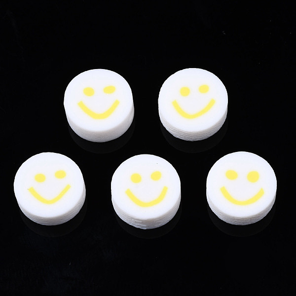 PandaHall Handmade Polymer Clay Beads, for DIY Jewelry Crafts Supplies, Flat Round with Smiling Face, Yellow, 10x4~4.5mm, Hole: 1.8mm...