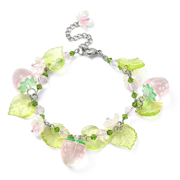 

PandaHall Glass & Resin & Acrylic Flower Charm Bracelet, 304 Stainless Steel Jewelry, Strawberry, 7-1/4 inch(18.5cm) Resin Strawberry Pink