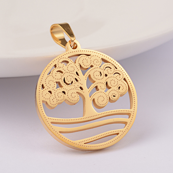 

PandaHall Ion Plating(IP) 304 Stainless Steel Pendants, Flat Round with Tree, Golden, 27x25x2mm, Hole: 6x4mm 304 Stainless Steel Flat Round