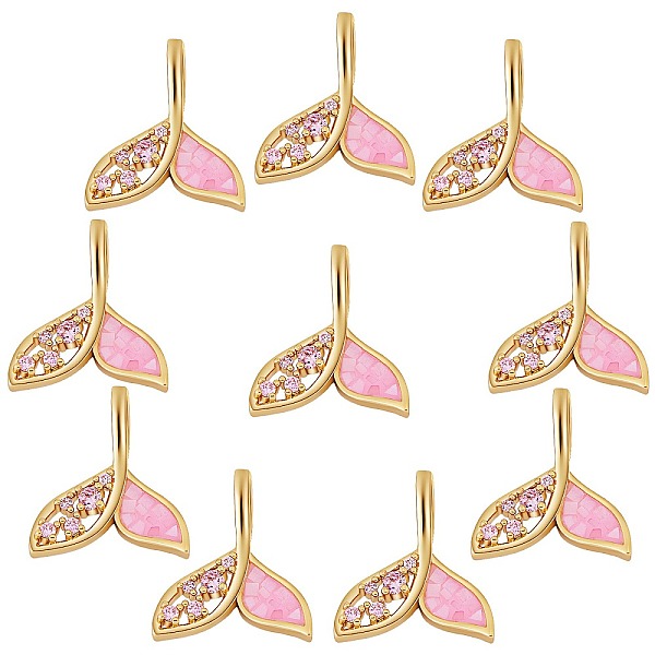 PandaHall 10Pcs Brass Micro Pave Plum Cubic Zirconia Pendants, with Enamel and Shell, Long-Lasting Plated, Mermaid, Real 18K Gold Plated...