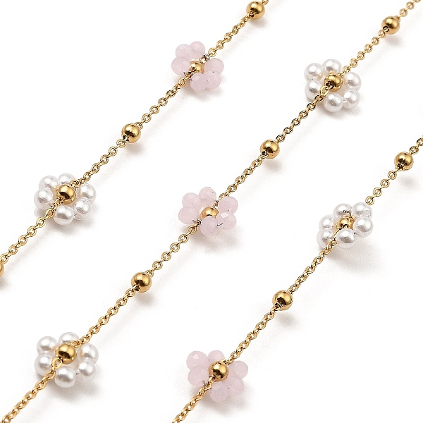 

PandaHall Glass & ABS Plastic Pearl Beaded Flower Link Chains, with Golden 304 Stainless Steel Satellite Chains, Soldered, with Spool..., Pink