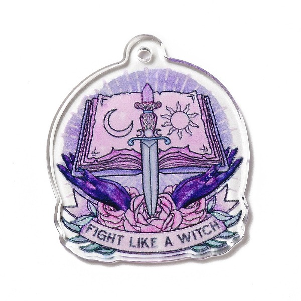 

PandaHall Halloween Printed Acrylic Pendants, Word Fight Like a Witch, Book Pattern, 38x32.5x2mm, Hole: 2mm Acrylic Book