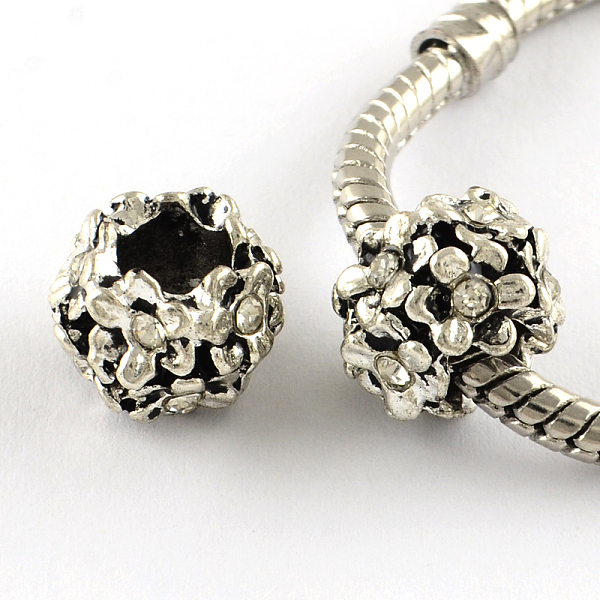 

PandaHall Antique Silver Plated Alloy Rhinestone Flower Large Hole European Beads, Crystal, 11x8mm, Hole: 5mm Alloy+Rhinestone Rondelle..., Clear