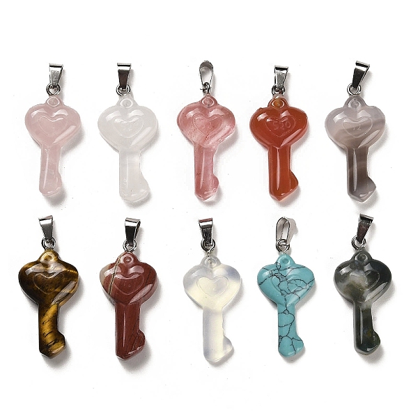 

PandaHall Natural & Synthetic Mixed Gemstone Pendants, with Platinum Plated Iron Snap on Bails, Heart Shaped Key Charms, 38~39x18~19x7~8mm...