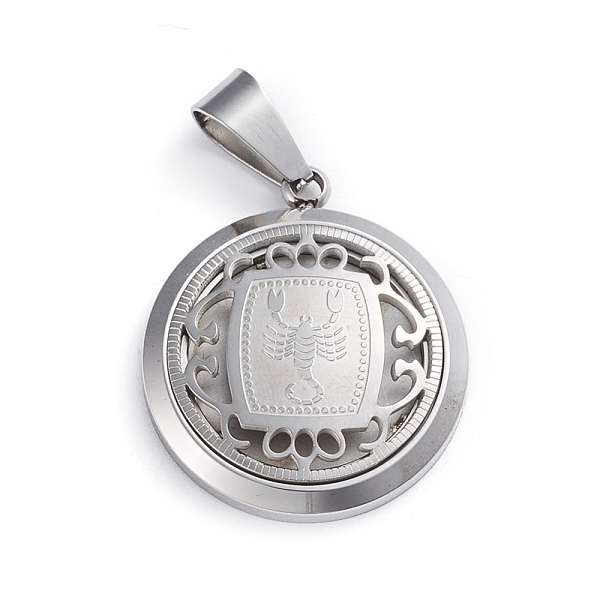 

PandaHall 304 Stainless Steel Pendants, Flat Round with 12 Constellation/Zodiac Sign, Stainless Steel Color, Scorpio, 29x25x4.5mm, Hole...