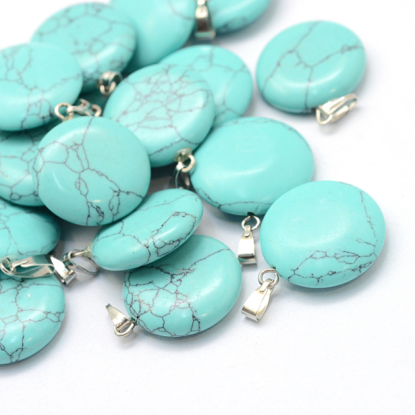 

PandaHall Flat Round Dyed Synthetic Turquoise Pendants, with Platinum Tone Brass Findings, 22~25x19~21x5~7mm, Hole: 2x7mm Synthetic...