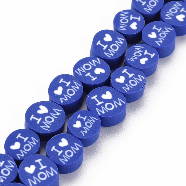 

PandaHall Handmade Polymer Clay Bead Strands, Mother's Day Theme, Flat Round with Word I Love MOM, Medium Blue, 8x4mm, Hole: 1.4mm, about...