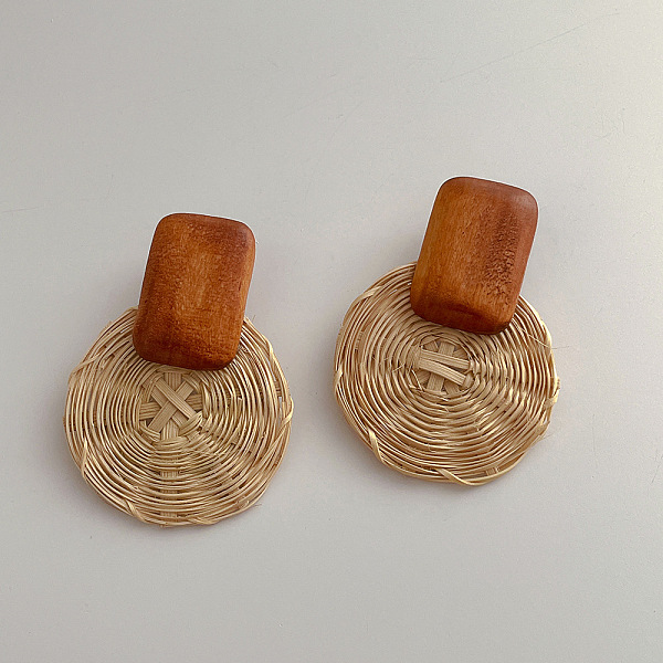 

PandaHall Woven Wood Rattan Dangle Earrings for Women, Round Wood Round White