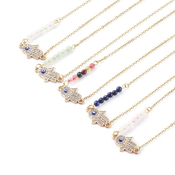 

PandaHall Alloy Rhinestone Hamsa Hand Pendant Necklaces, with Enamel, Natural Mixed Gemstone Beads and 304 Stainless Steel Cable Chains..., Blue