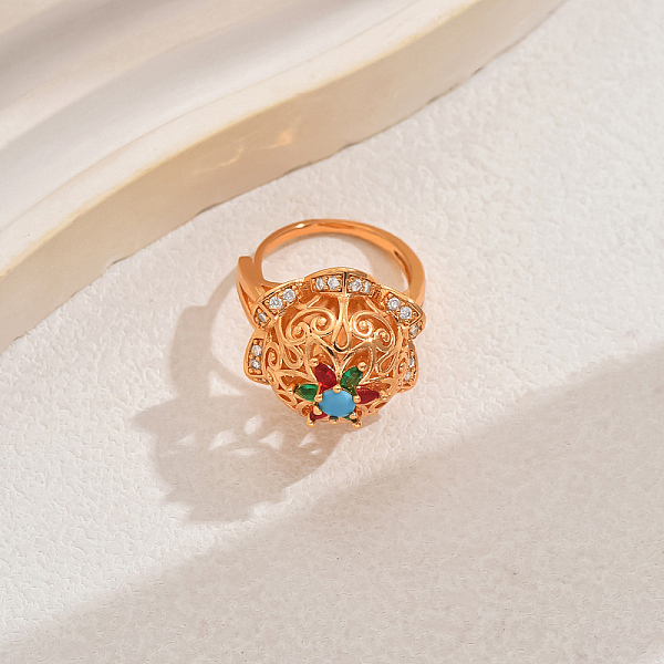 Bagues réglables de luxe vintage en laiton avec fleur creuse et zircone cubique pour femmes