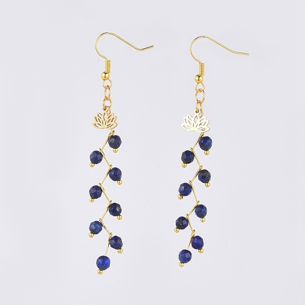 

PandaHall Natural Lapis Lazuli Dangle Earrings, with 304 Stainless Steel Lotus Flower Charms, Brass Earring Hooks and Head Pin, with...