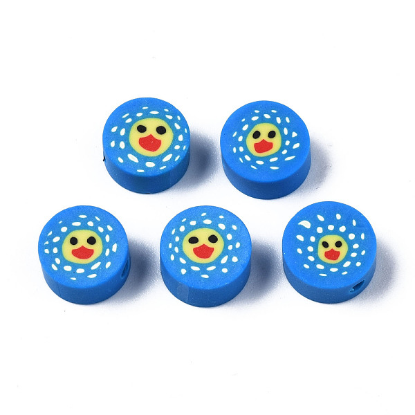 PandaHall Handmade Polymer Clay Beads, for DIY Jewelry Crafts Supplies, Flat Round with Duck, Dodger Blue, 8.5~9.5x4~5mm, Hole: 1.6mm...