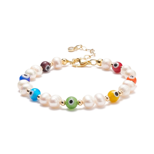 

PandaHall Natural Pearl & Lampwork Evil Eye Beaded Bracelet for Women, Mixed Color, 7-3/8 inch(18.6cm) Pearl Evil Eye Multicolor