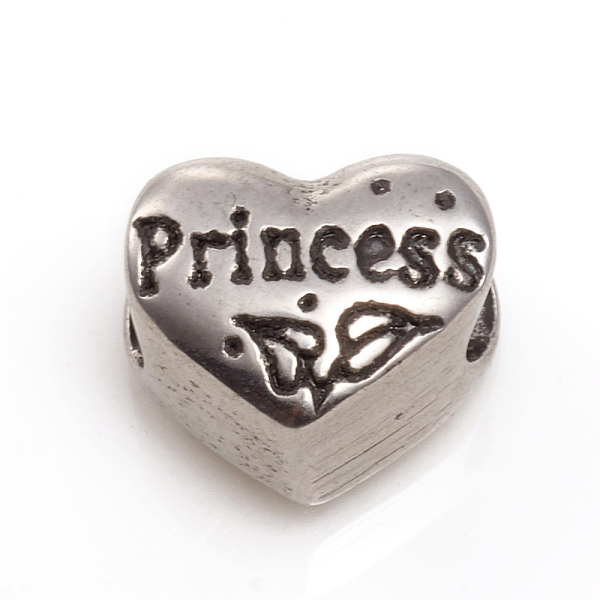 

PandaHall 304 Stainless Steel European Beads, Large Hole Beads, Heart with Word Princess, Antique Silver, 9.5x11x7.5mm, Hole: 5mm 304...