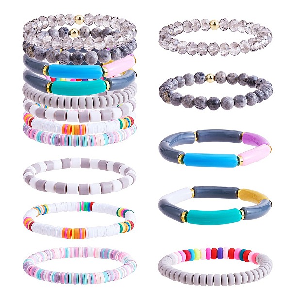 

PandaHall 8Pcs 6 Style Synthetic Imperial Jasper & GLass Beaded Stretch Bracelets Set, Polymer Clay Heishi Surfer Bracelets, Acrylic Curved..., Gray