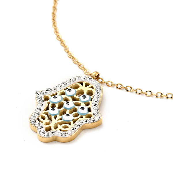 

PandaHall Crystal Rhinestone Hamsa Hand with Evil Eye Pendant Necklace with Enamel, Ion Plating(IP) 304 Stainless Steel Jewelry for Women...