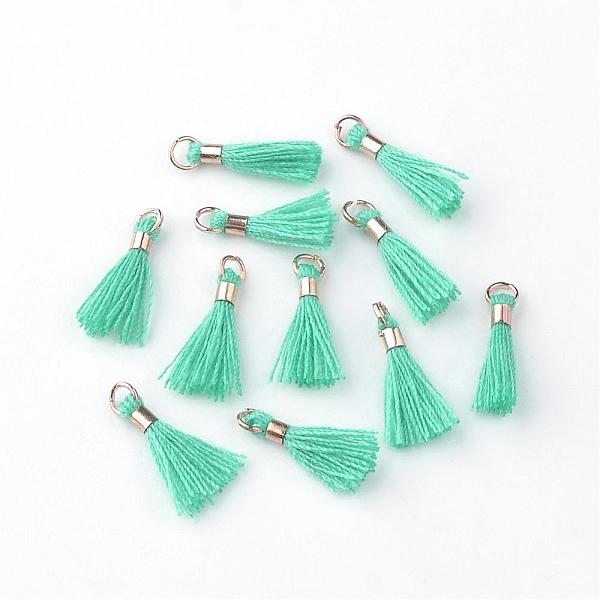 

PandaHall Polycotton(Polyester Cotton) Tassel Pendant Decorations, with Unwelded Iron Jump Rings, Golden, Medium Aquamarine, 10~16x2mm, Hole..., Green