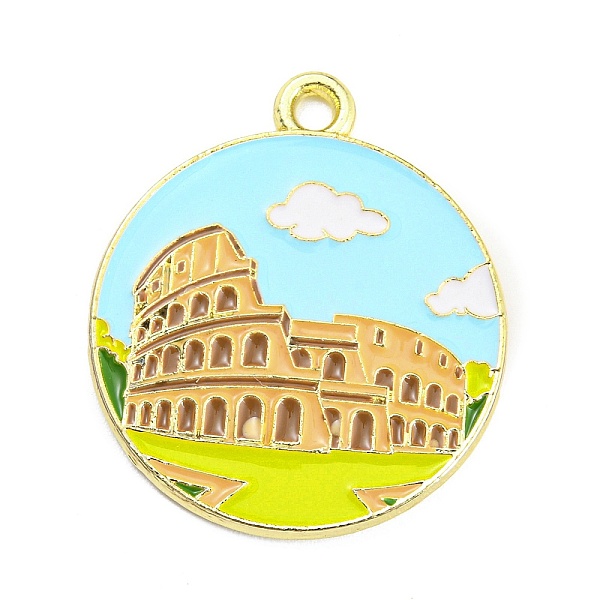 

PandaHall Alloy Enamel Pendants, Golden, Flat Round with Building Pattern, Green Yellow, 27x22x1.5mm, Hole: 1.8mm Alloy+Enamel Flat Round