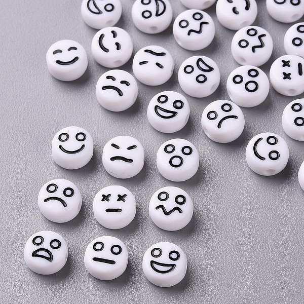 

PandaHall Opaque White Acrylic Beads, Flat Round with Black Random Expression, 7x4mm, Hole: 1.6mm Acrylic Flat Round White