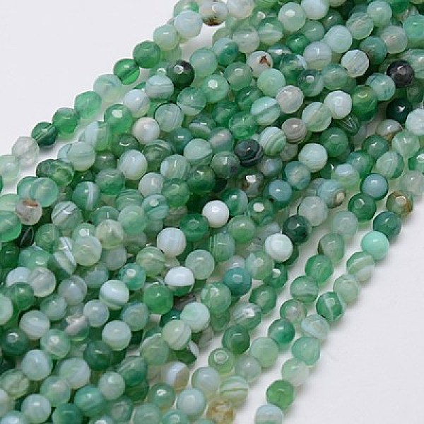

PandaHall Natural Striped Agate/Banded Agate Beads Strands, Faceted, Dyed, Round, Sea Green, 4mm, Hole: 0.5mm Banded Agate Round Green