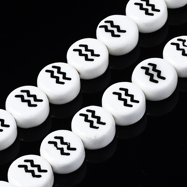 

PandaHall Handmade Porcelain Ceramic Beads Strands, Printed, Flat Round with Constellation, Aquarius, 10~11x5mm, Hole: 2mm, about..., White