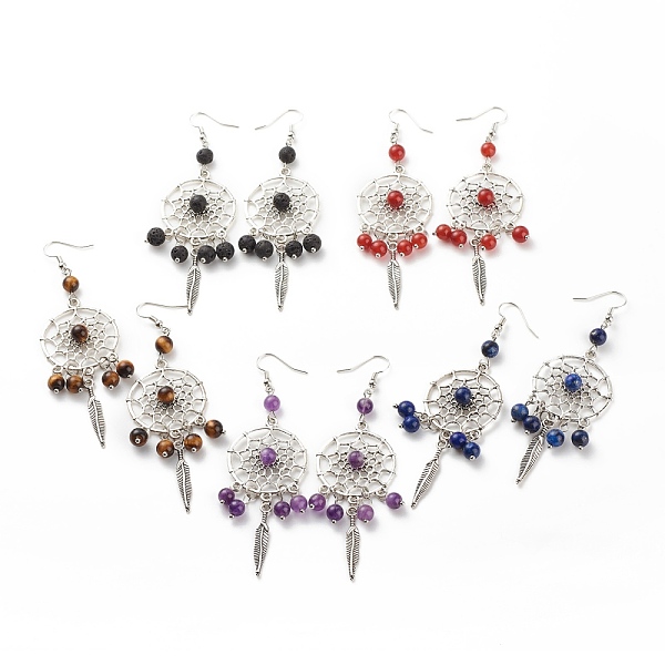 

PandaHall Natural Gemstone Woven Net with Feather Dangle Earrings, Brass Jewelry for Women, 53mm, Pin: 0.7mm Mixed Stone