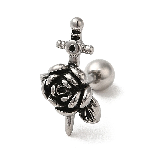 PandaHall 304 Stainless Steel Stud Earrings, Barbell Cartilage Earrings, Antique Silver, Flower, 14.5x8.5mm 304 Stainless Steel Flower
