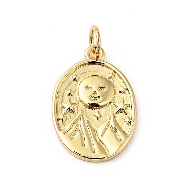 

PandaHall Rack Plating Brass Pendants, with Jump Ring, Cadmium Free & Nickel Free & Lead Free, Oval with Star & Smiling Face, Real 18K Gold...
