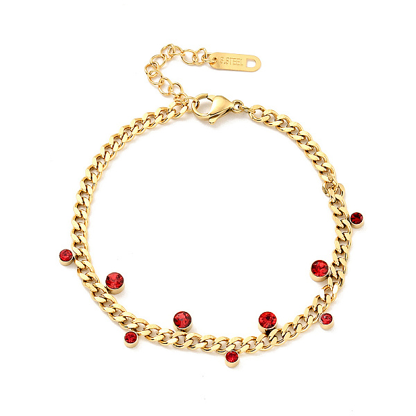 

PandaHall Rhinestone Charms Bracelet with Curb Chains, Gold Plated 304 Stainless Steel Jewelry for Women, Ruby, 6-7/8 inch(17.5cm)..., Red