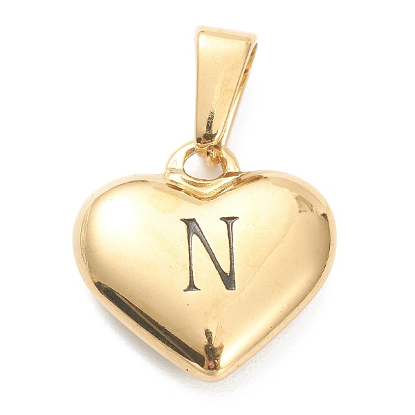 

PandaHall 304 Stainless Steel Pendants, Heart with Black Letter, Golden, Letter.N, 16x16x4.5mm, Hole: 7x3mm 304 Stainless Steel Letter N