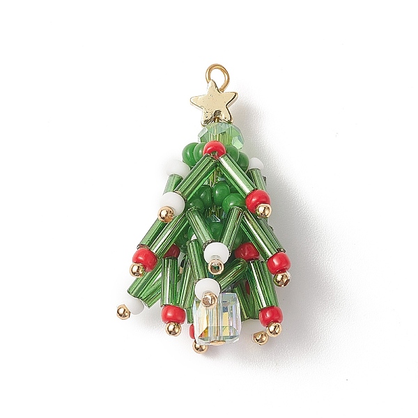 

PandaHall Christmas Theme Glass Seed Beads Pendants, with Golden Brass Findings, Tree, Green, 35x18mm, Hole: 2mm Brass+Glass Tree Green