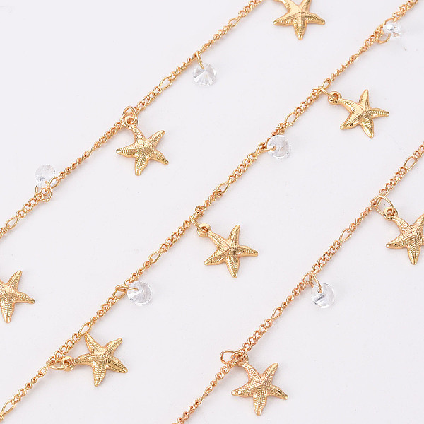 

PandaHall Handmade Brass Curb Chains, with Cubic Zirconia Charms, Soldered, Spool, Starfish, Real 18K Gold Plated, 3.3x1.5x0.3mm and..., Clear