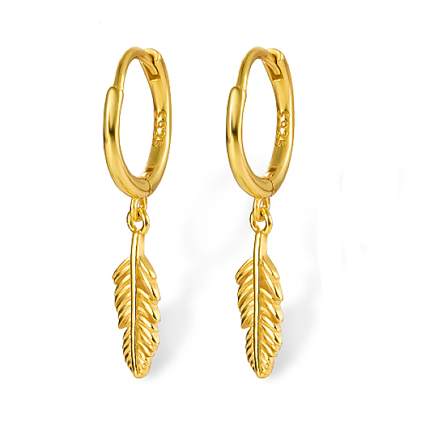 

PandaHall 925 Sterling Silver Dangle Hoop Earrings, Feather, with S925 Stamp, Real 18K Gold Plated, 24mm Sterling Silver Feather