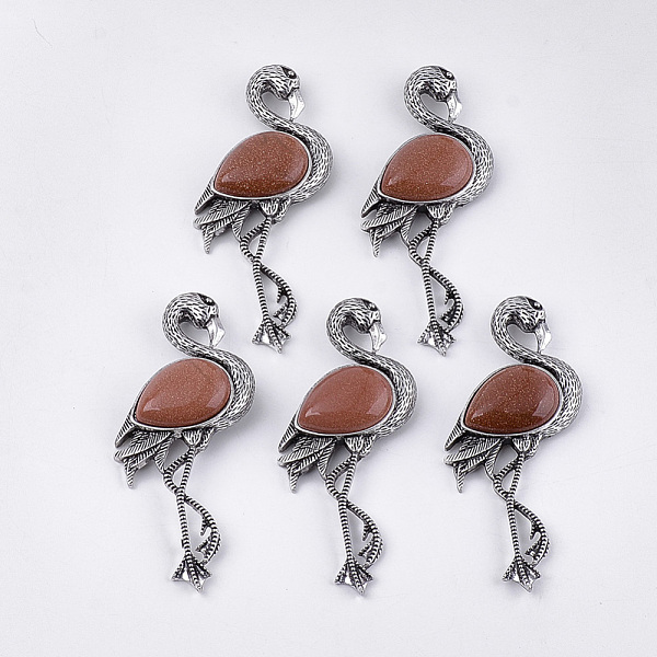 

PandaHall Synthetic Goldstone Brooches/Pendants, with Alloy Findings, Flamingo Shape, Antique Silver, 83.5x38x12mm, hole: 4x3mm, Pin: 0.7mm...
