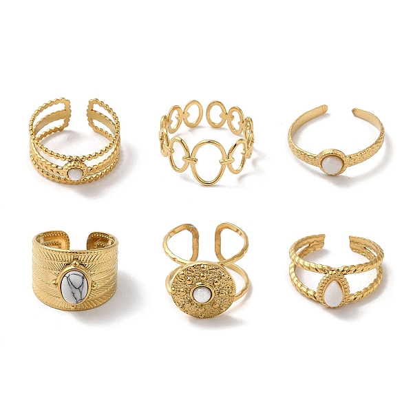 

PandaHall 6Pcs 6 Style Oval & Flat Round & Teardrop 304 Stainless Steel Open Cuff Rings Set, Natural White Jade Stackable Rings, Real 18K...