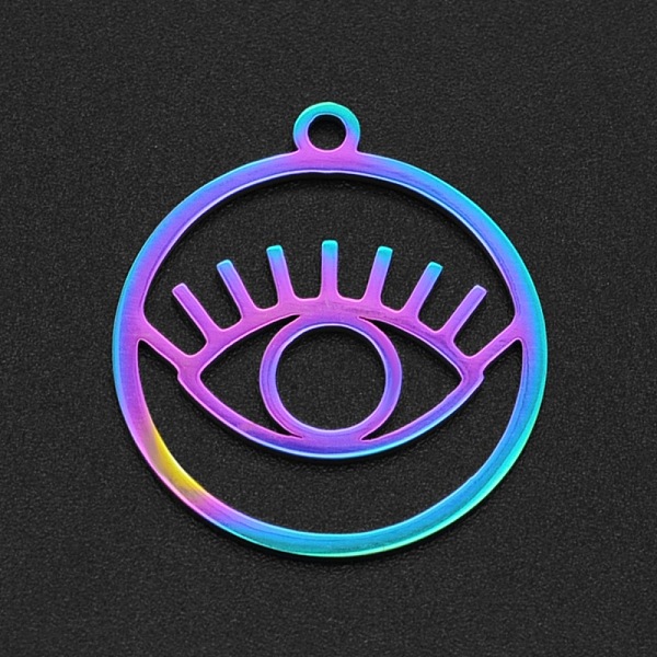 

PandaHall Ion Plating(IP) 201 Stainless Steel Pendants, Laser Cut, Hollow, Ring with Eye, Rainbow Color, 27x24x1mm, Hole: 2mm 201 Stainless...
