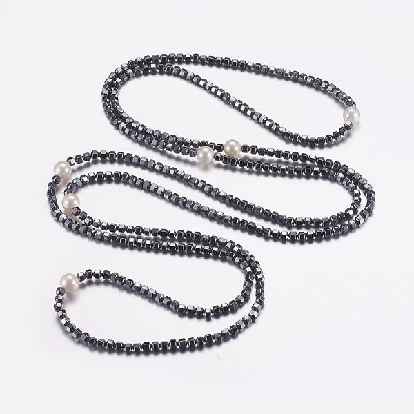 

PandaHall Non-Magnetic Synthetic Hematite Two-Tiered Necklaces, Layered Necklaces, with Shell Pearl, Hematite Plated, 50.4 inch(128cm)...